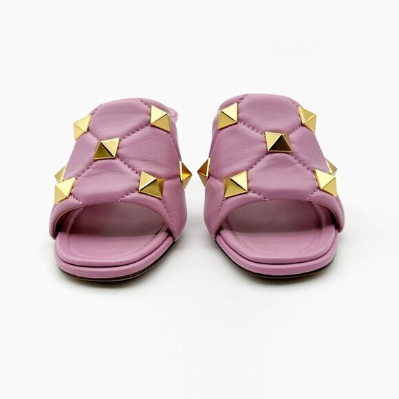 VALENTINO Roman Rockstud Pink Gold Heel Mule Size 37.5 Open Toe Quilted Leather - Picture 7 of 12